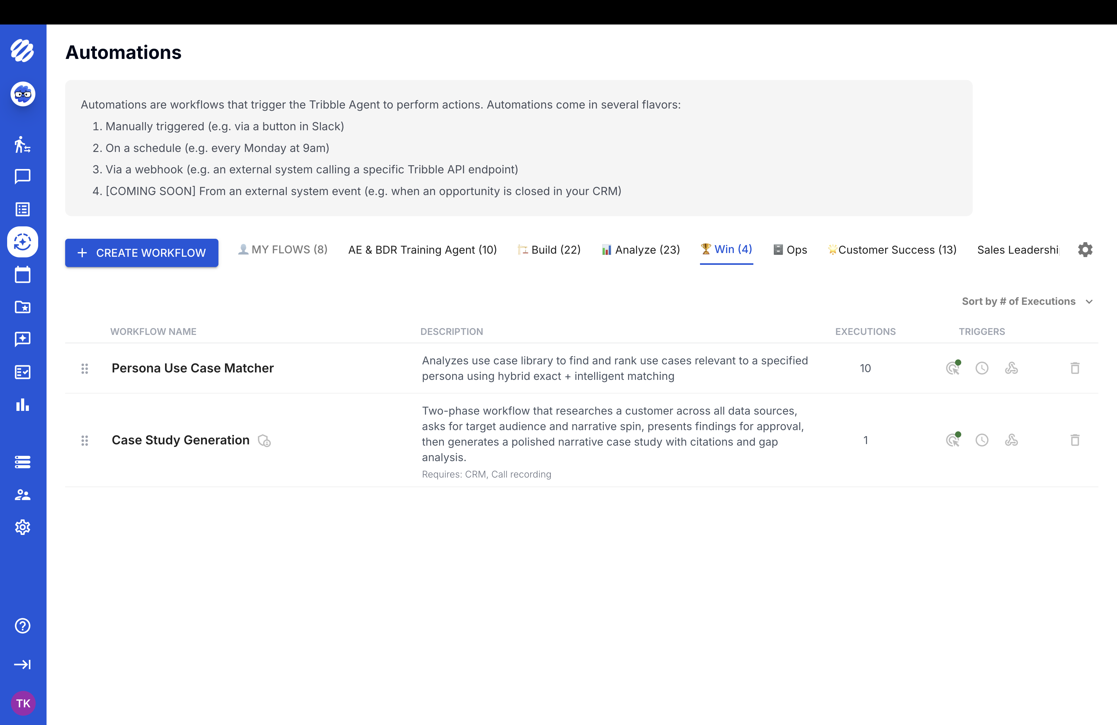 Tribble automations page showing win workflow library with reusable buyer-response automations